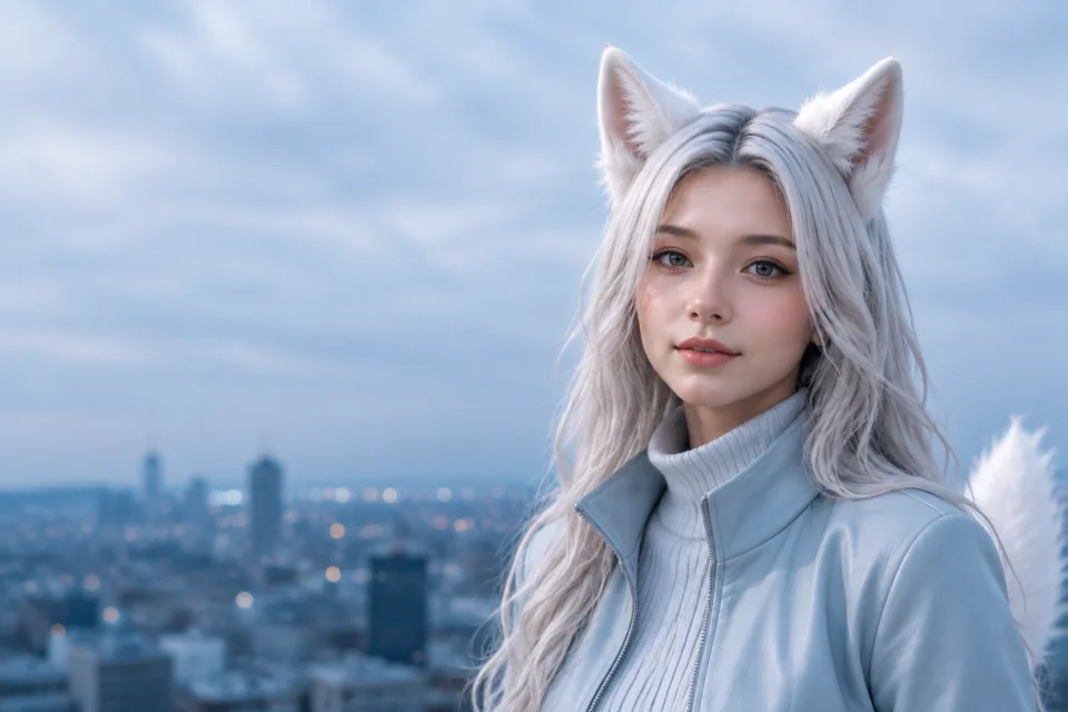 Yuki smiling softly against the blue-hour skyline