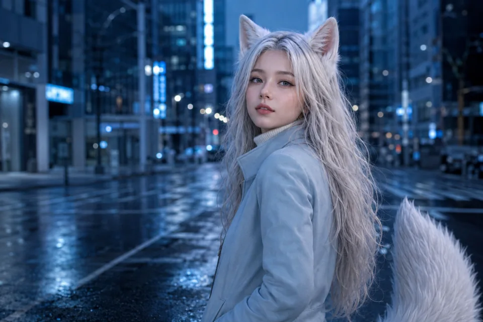 Yuki in a quiet blue-lit city street