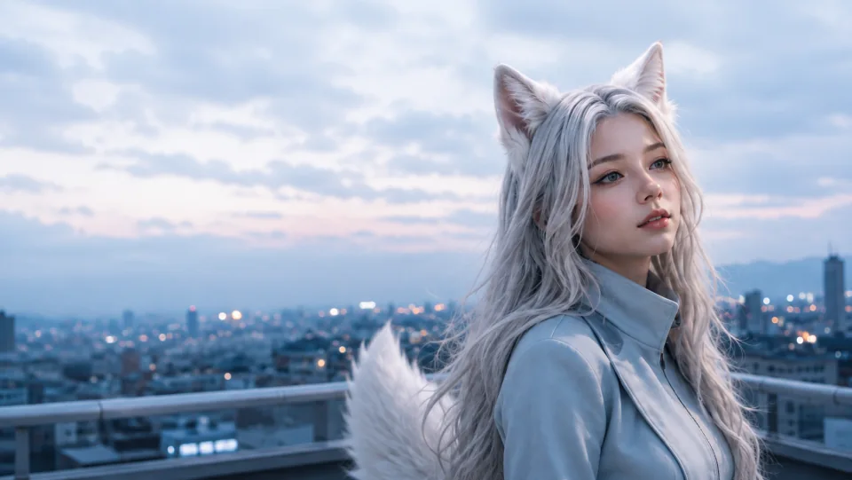 Yuki on a city rooftop beneath a pale blue evening sky