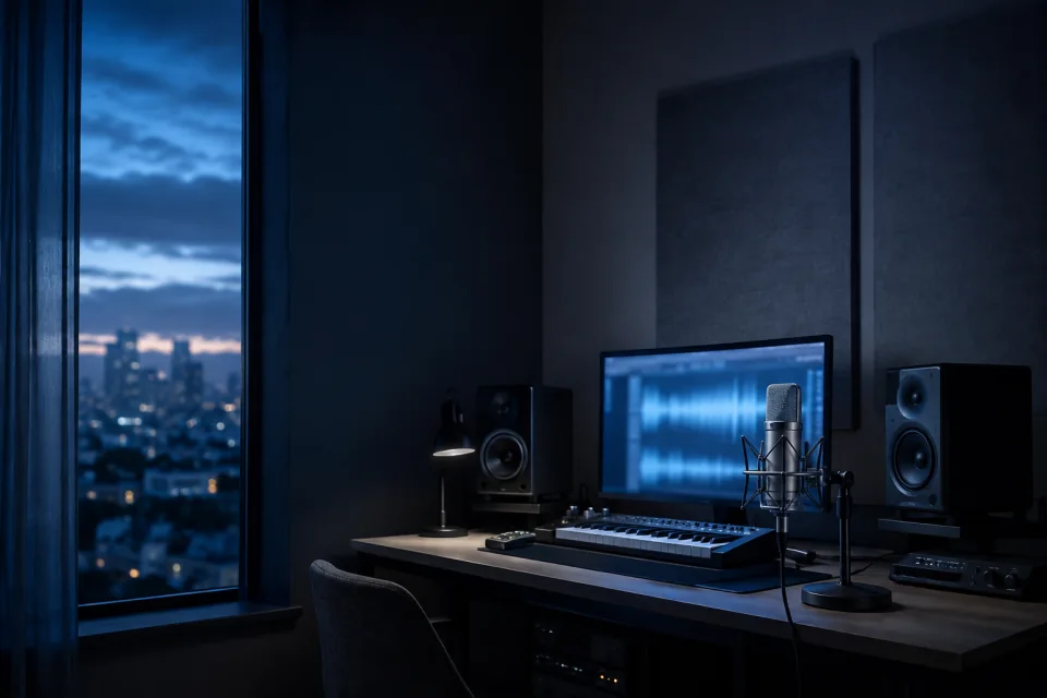 A quiet recording space with a microphone and blue evening light