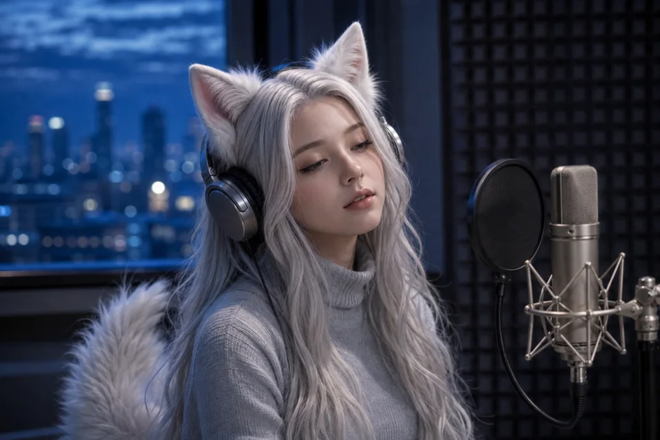 A creative portrait of Yuki beside a studio microphone