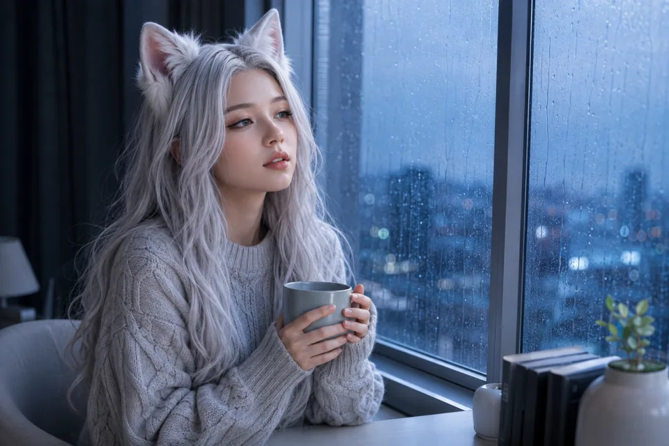 Yuki holding a pale ceramic mug beside a rainy window
