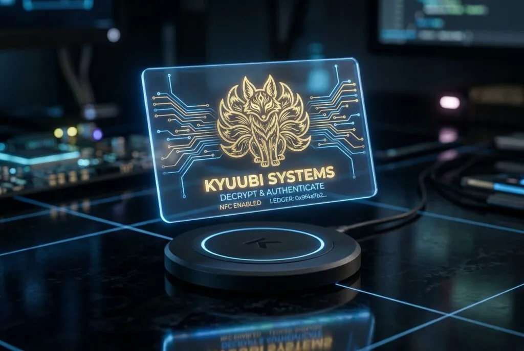 Glowing holographic kitsune smart card with circuit traces levitating above a dark wireless charging dock