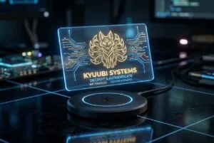 Glowing holographic kitsune smart card with circuit traces levitating above a dark wireless charging dock