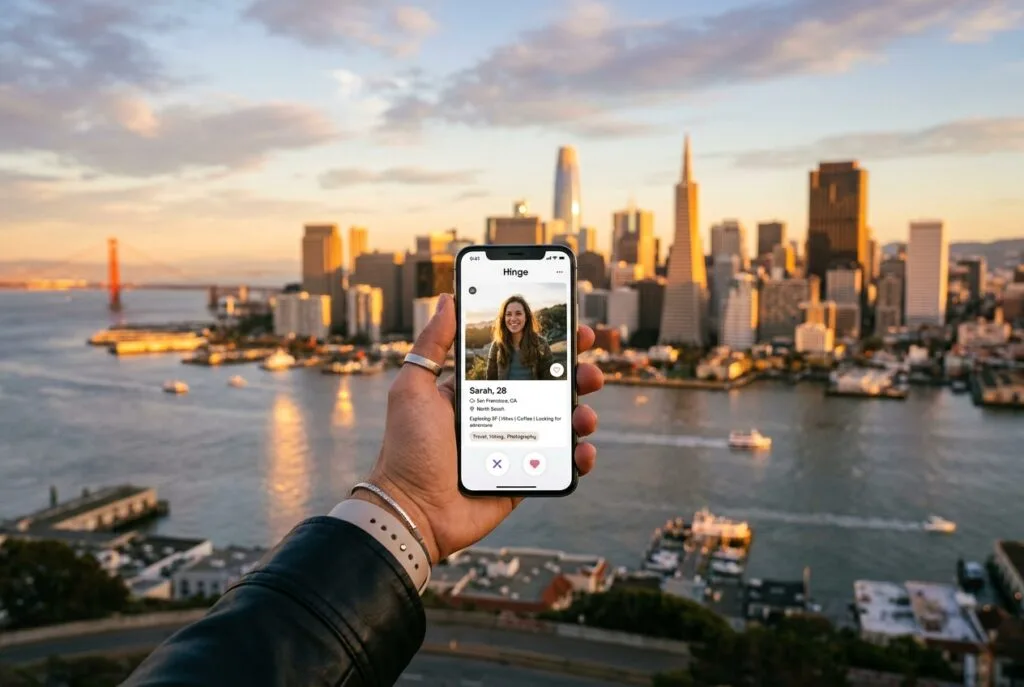 Hand holding smartphone with modern dating app profile against panoramic San Francisco skyline at sunset