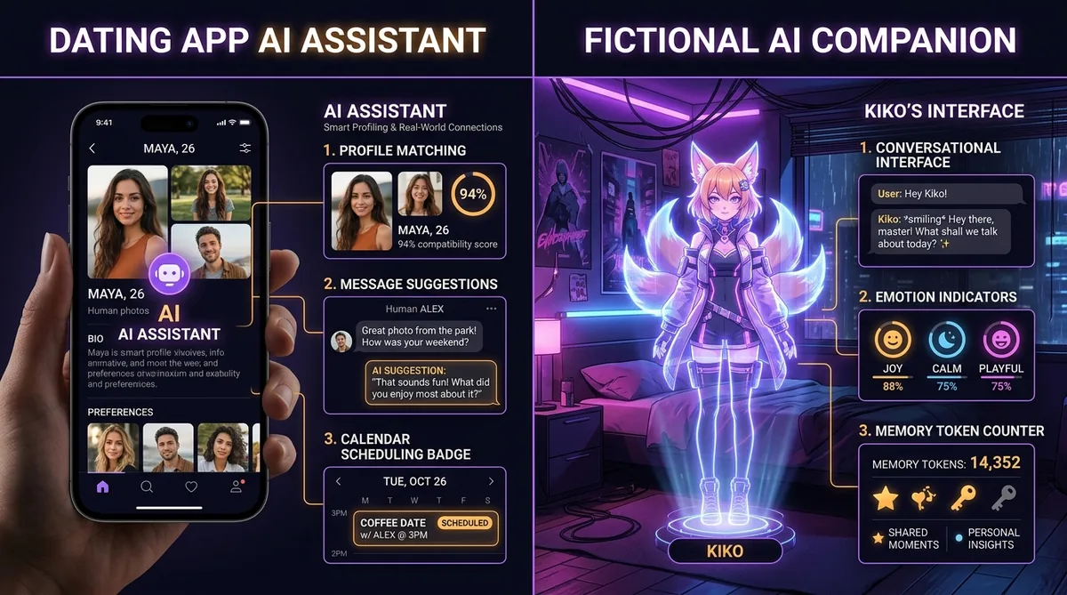 Comparison between dating app AI assistant and fictional AI companion roleplay interface Comparison between dating app AI assistant and fictional AI companion roleplay interface