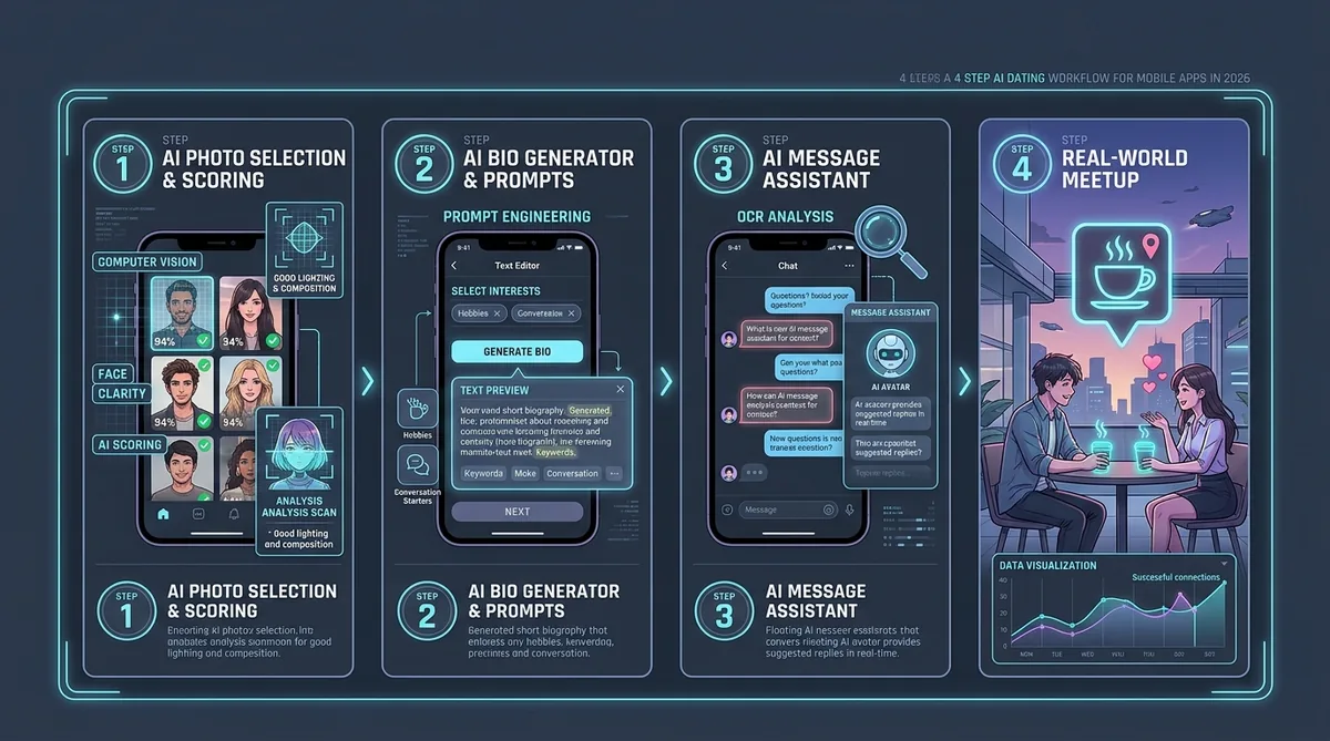 AI dating app 4-step workflow: photo scoring, bio generation, message assistant, and real-world meeting AI dating app 4-step workflow: photo scoring, bio generation, message assistant, and real-world meeting
