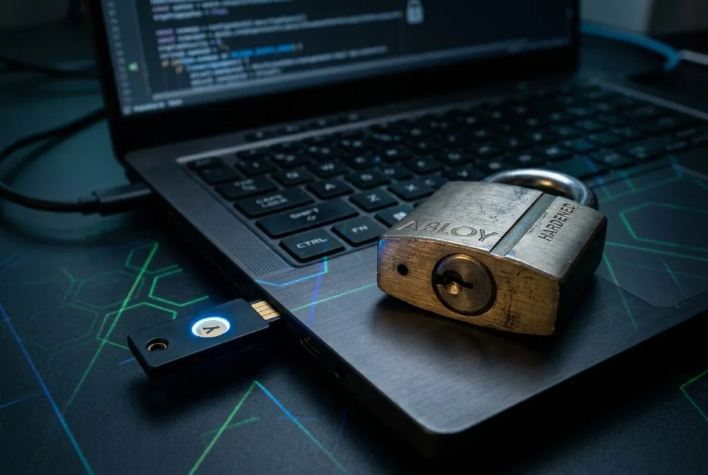 Heavy metal padlock and glowing cryptographic USB hardware security key on dark laptop keyboard