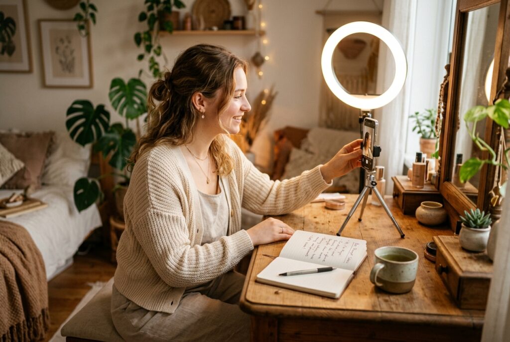 Young woman at sunlit dressing table with glowing ring light taking authentic dating profile photos on smartphone
