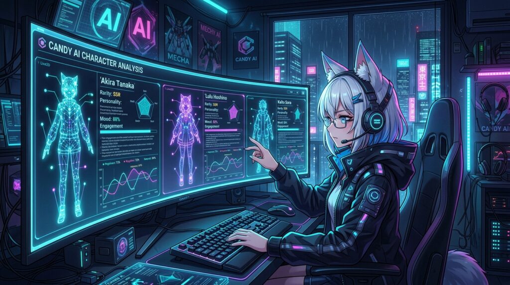 Yuki Kitsune analyzing Candy AI anime character profiles and Live2D wireframe engagement telemetry