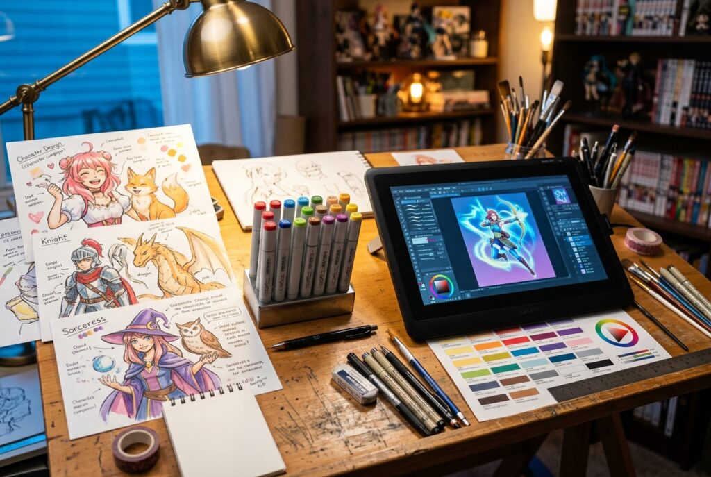 Anime character artist drafting studio with colorful character sketches, Copic markers and graphics tablet