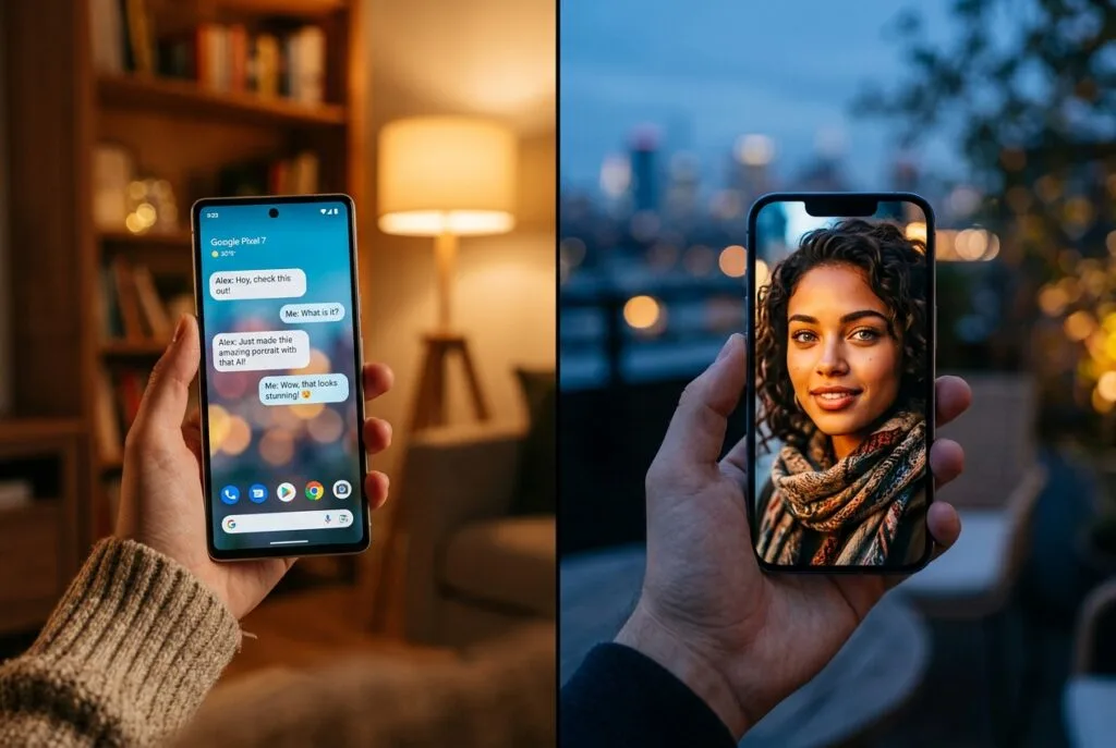 Split screen concept left side phone showing a chat interface right side phone showing AI generated portrait