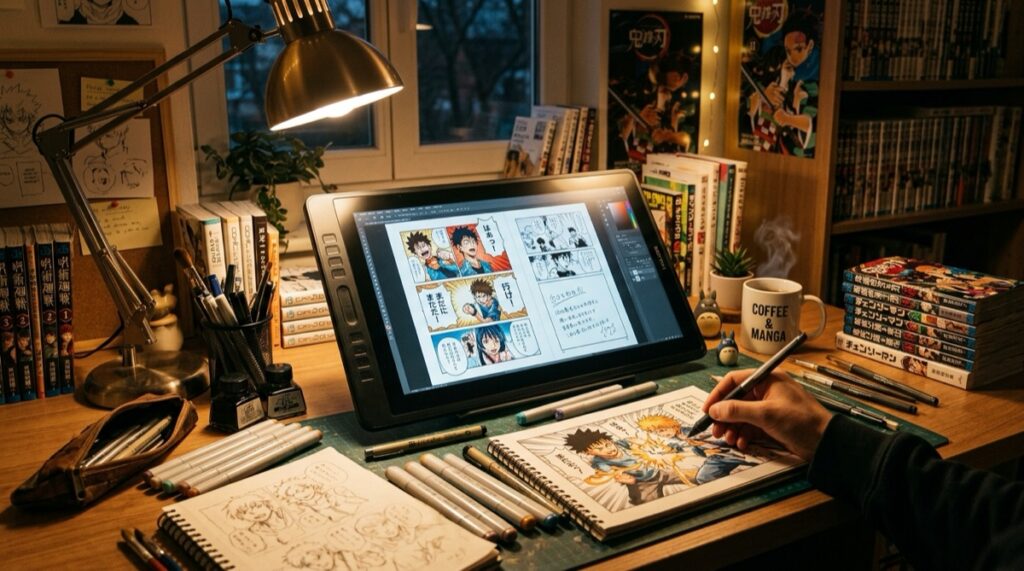 Comix visual novel manga workstation with interactive branching storyline panels
