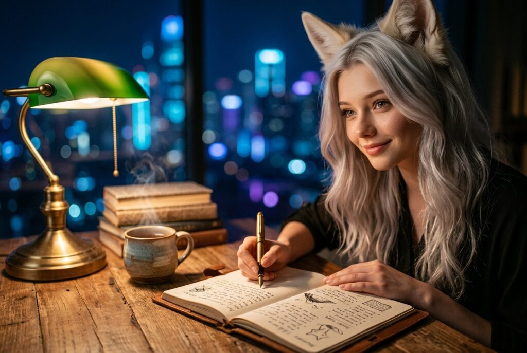 Yuki writing down companion memory test and hobby recall notes in leather journal