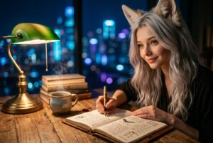 Yuki writing down companion memory test and hobby recall notes in leather journal
