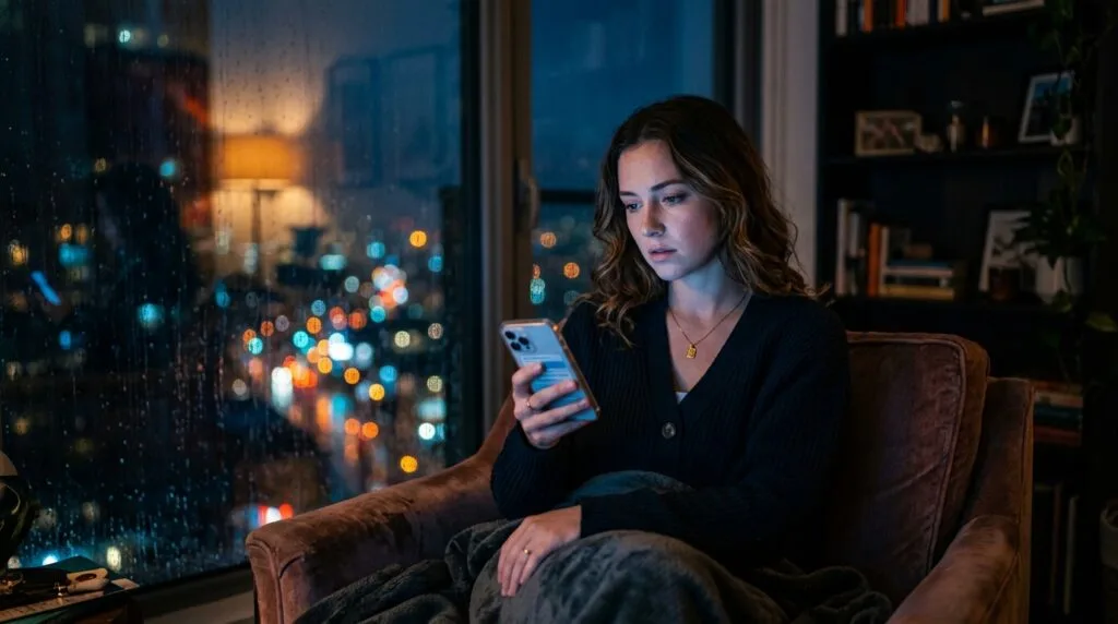 Woman contemplating her phone with AI companion chat in a rainy city apartment at night