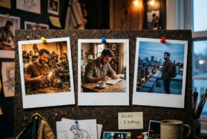 Three photos pinned to a cork board showing the same character in different settings