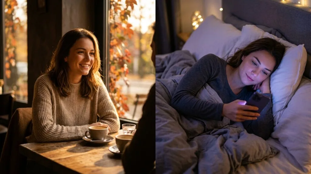 Woman on a cozy cafe date vs using phone with AI companion at night