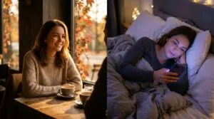 Woman on a cozy cafe date vs using phone with AI companion at night