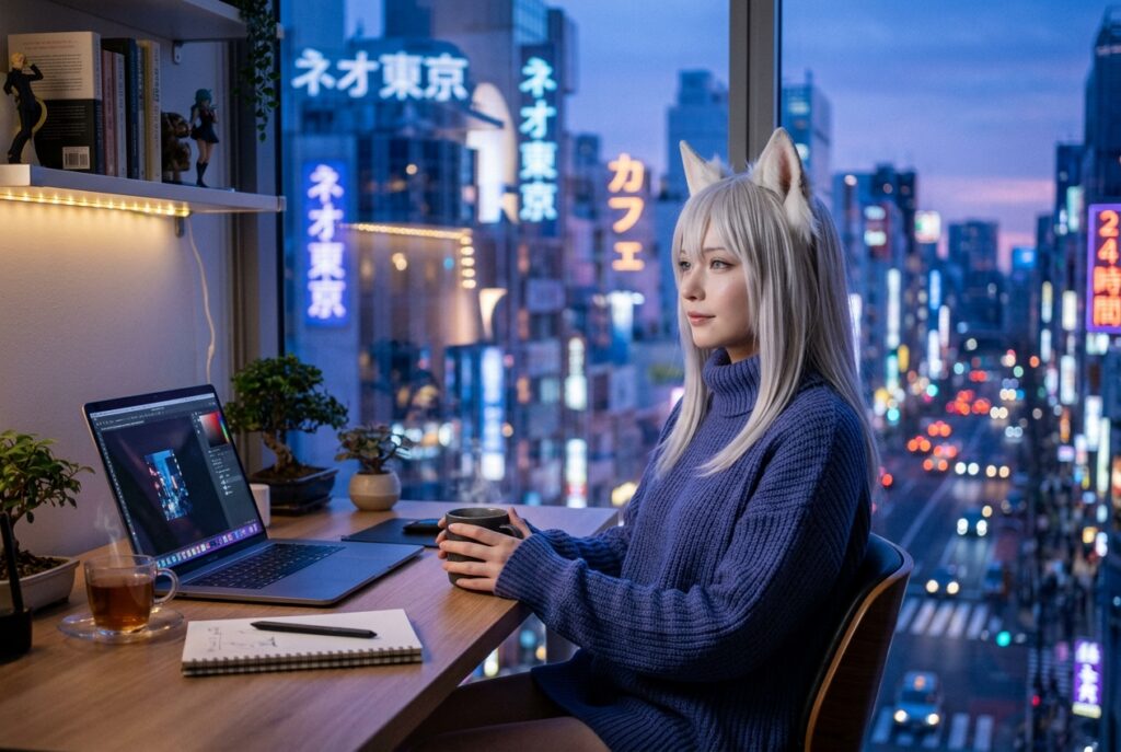 Yuki Kitsune reviewing Candy AI and DreamCompanion on laptop in Neo-Tokyo studio at blue hour