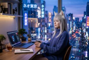 Yuki Kitsune reviewing Candy AI and DreamCompanion on laptop in Neo-Tokyo studio at blue hour