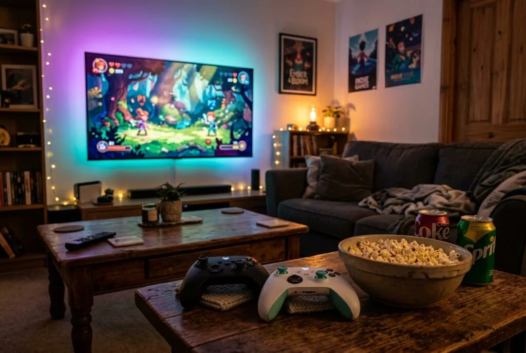 Cozy gamer dating lounge with wireless controllers, bowl of popcorn and colorful split-screen co-op game on TV