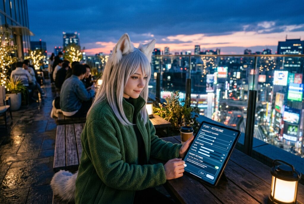 Yuki on outdoor rooftop terrace overlooking twilight Neo-Tokyo with character personality builder on tablet