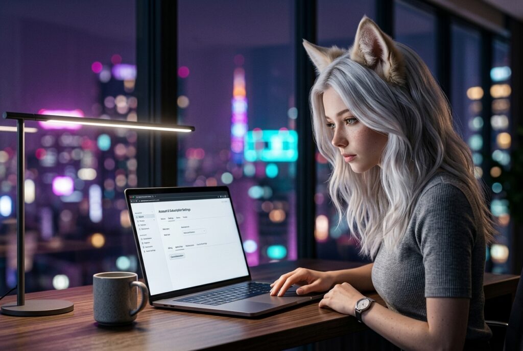 Yuki examining account subscription and billing cancellation menus on laptop