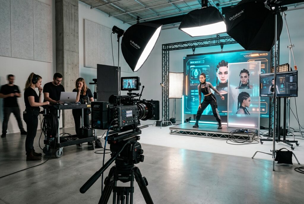 Behind-the-scenes digital avatar photo studio with cinema camera on tripod, softboxes and LED character screens