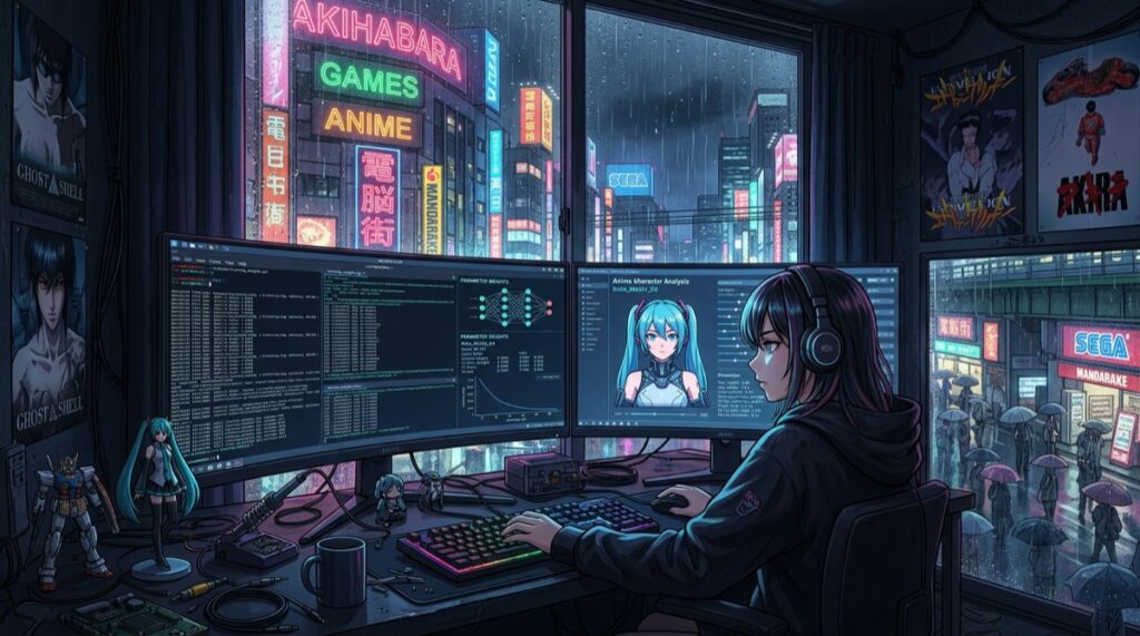 E-Anime AI companion platform with uncensored Japanese LLM interface in cyberpunk studio