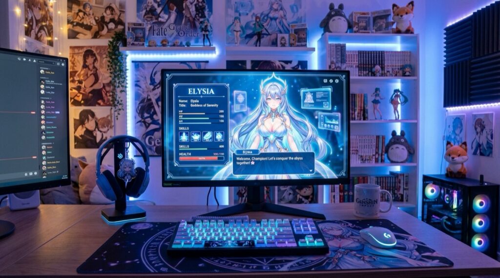 Goddess RPG companion interface with Live2D anime waifu animation and progression stats