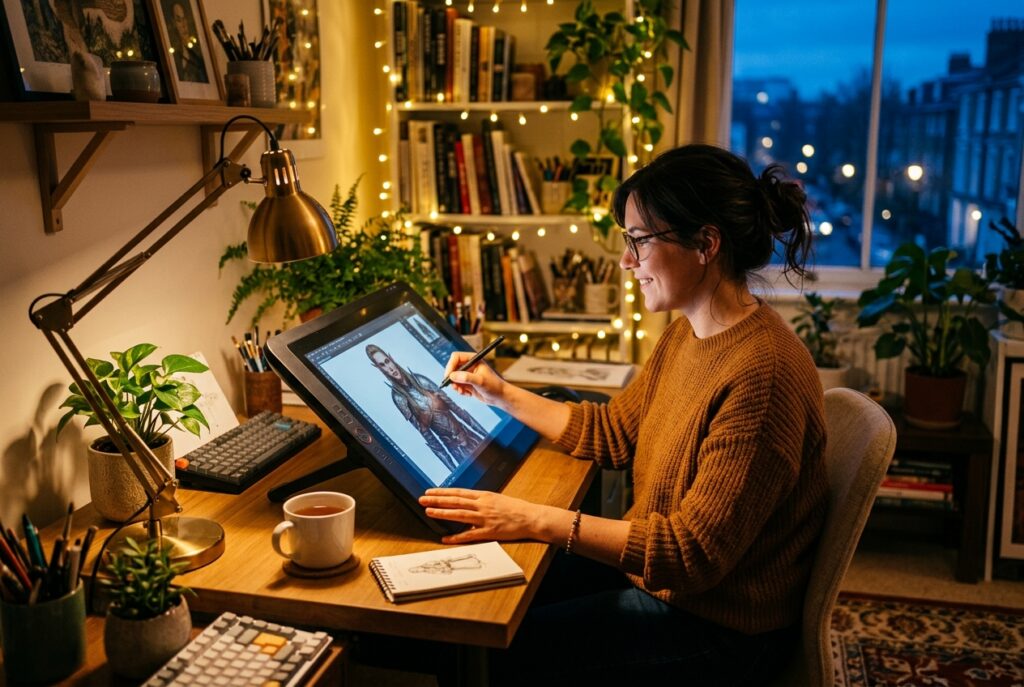 A woman at her desk with a drawing tablet, screen showing a character design