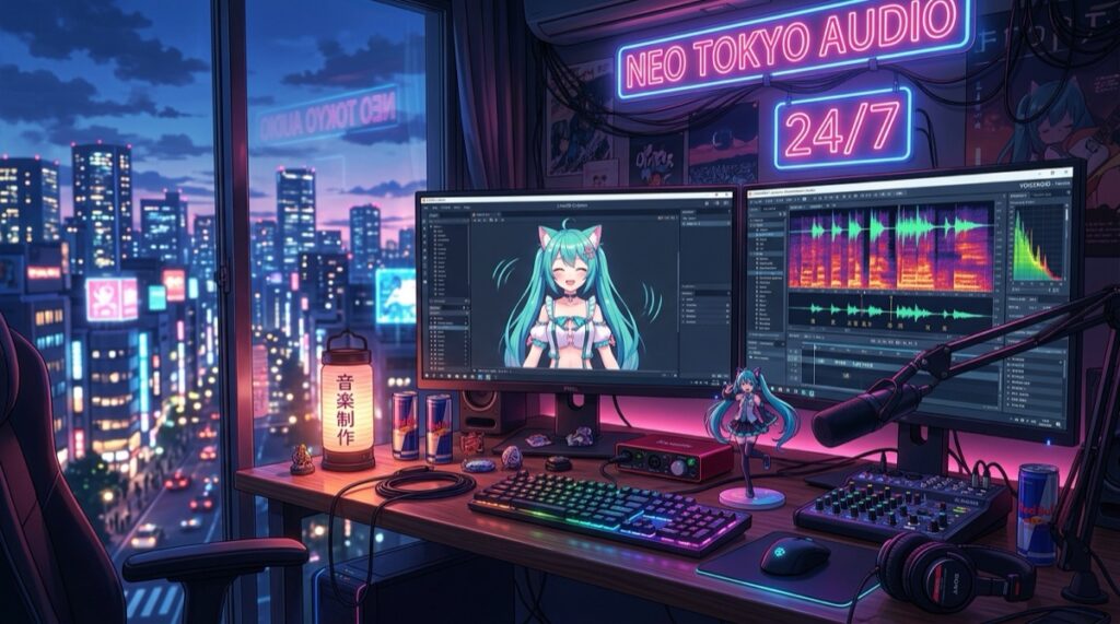 Kupid AI Waifu Studio interface with Live2D character model and voice synthesis spectrogram