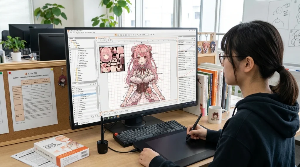 Live2D Cubism Editor PRO interface with mesh deformation parameters and commercial license guidelines