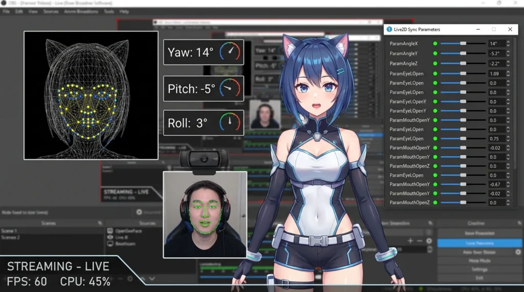 OpenSeeFace facial landmark tracking mesh synchronized with Live2D anime VTuber avatar parameters