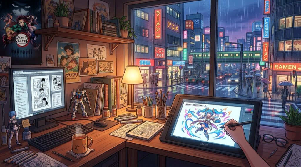 OurDream AI anime illustration studio with cel-shading prompts and character concept art
