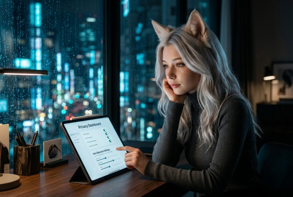 Yuki reviewing AI companion privacy settings and data retention toggles