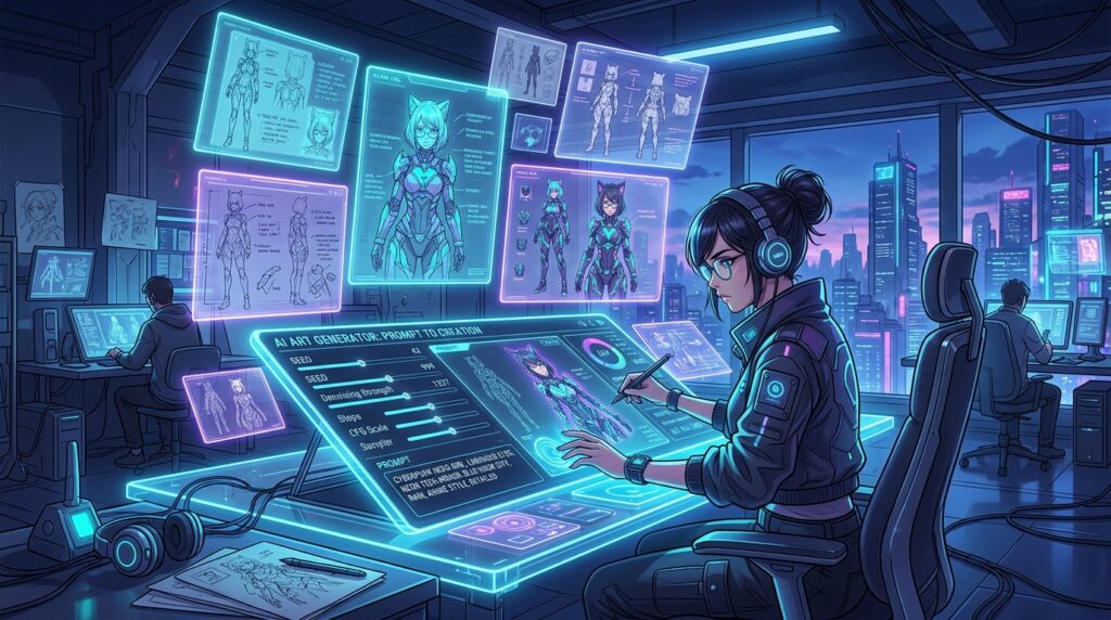 Promptchan AI generative character design interface and seed stability metrics