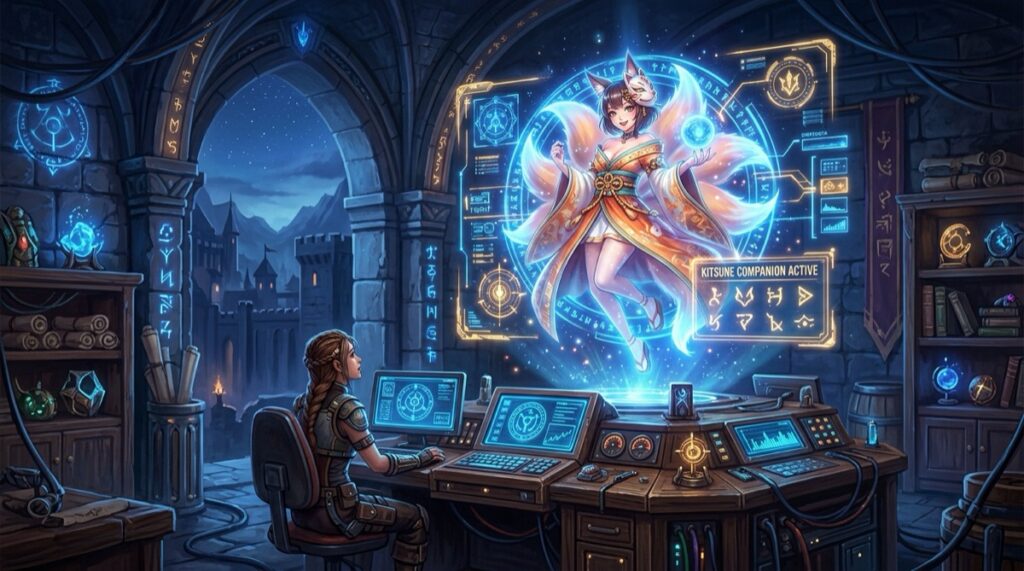 Secrets AI fantasy waifu persona workstation with holographic kitsune companion