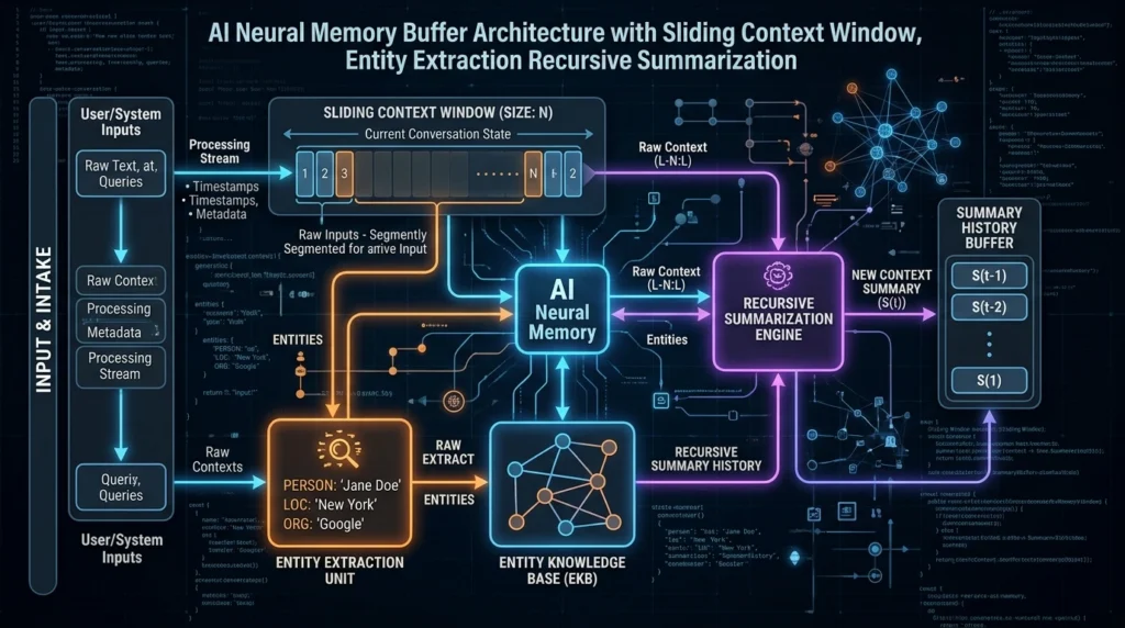 AI neural memory buffer architecture with sliding context window and recursive summarization
