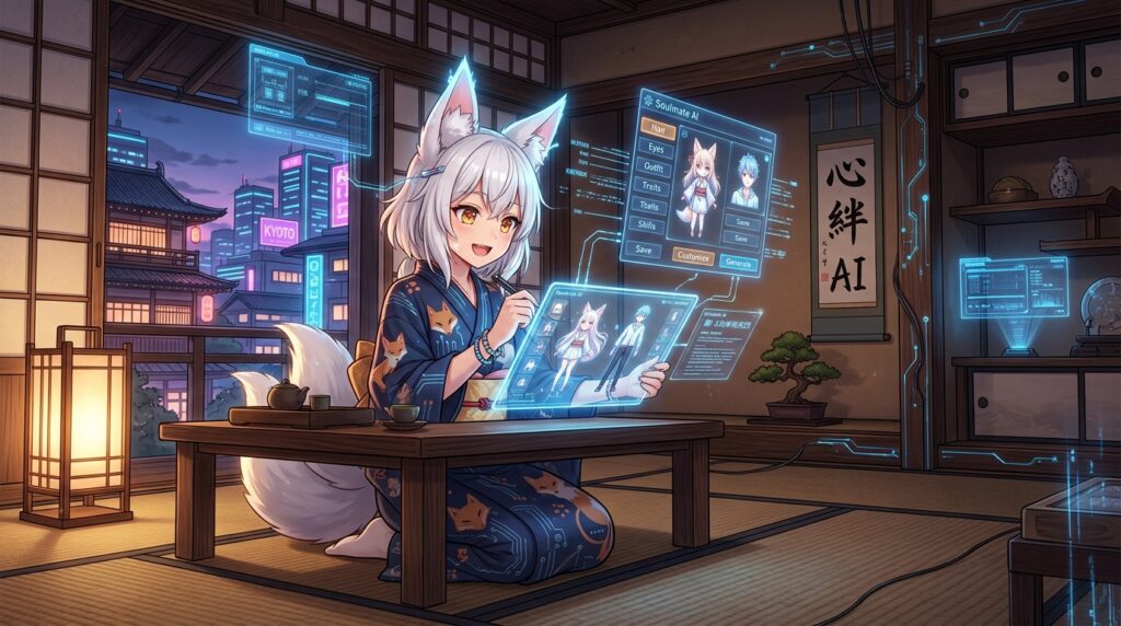 Yuki Kitsune configuring Soulmate AI anime companion character models and Japanese voice inflection
