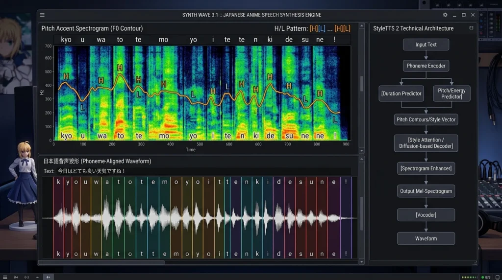 StyleTTS 2 voice synthesis architecture and Japanese pitch accent phoneme spectrogram