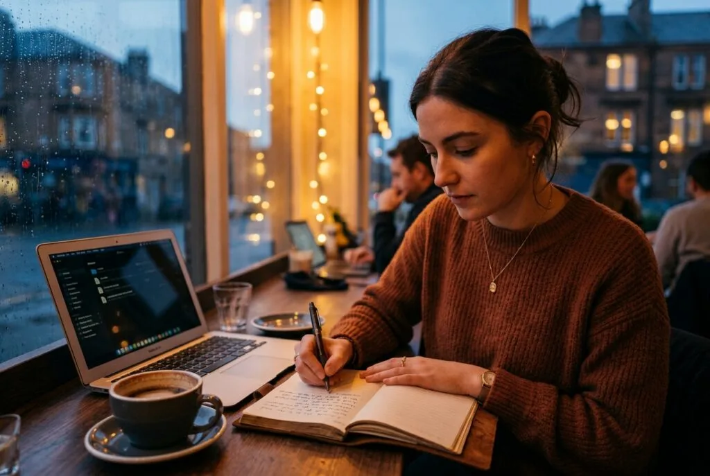 Close-up of a woman writing in a journal at a cafe
