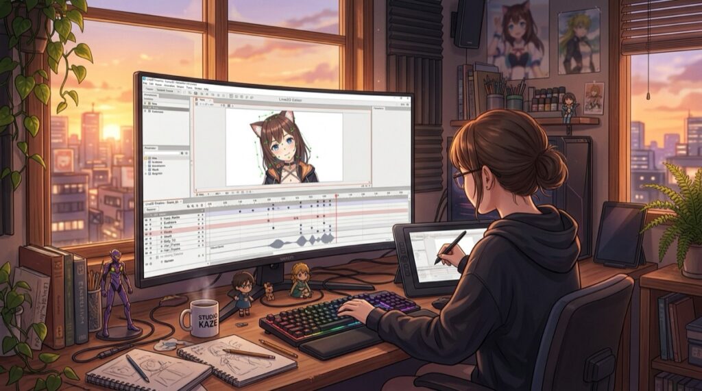 Xgamehub anime simulator interface with Live2D character animation timeline