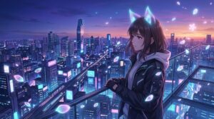 Yuki Kitsune anime companion looking over cyberpunk city skyline at twilight