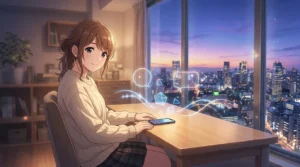 夕暮れの東京の街並みを望む現代的な部屋で、ホログラムのチャット画面と音声波形に囲まれたアニメ風AI彼女のイラスト