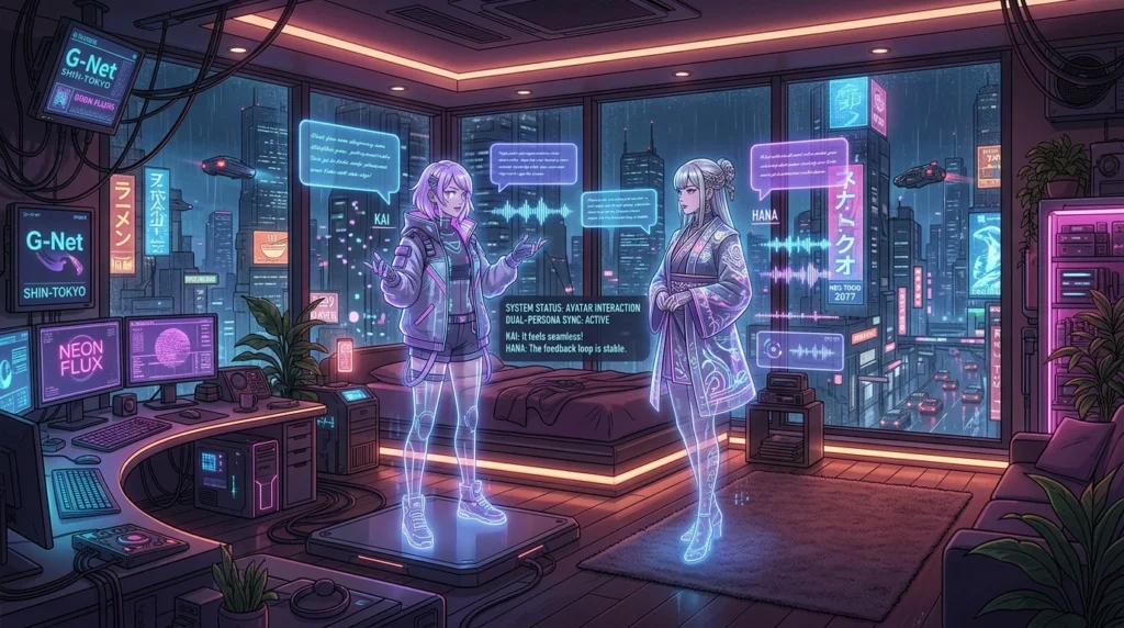 Dual-persona cyberpunk anime AI companion studio scene with holographic avatars and voice waveforms for ChatRoger vs DreamCompanion review