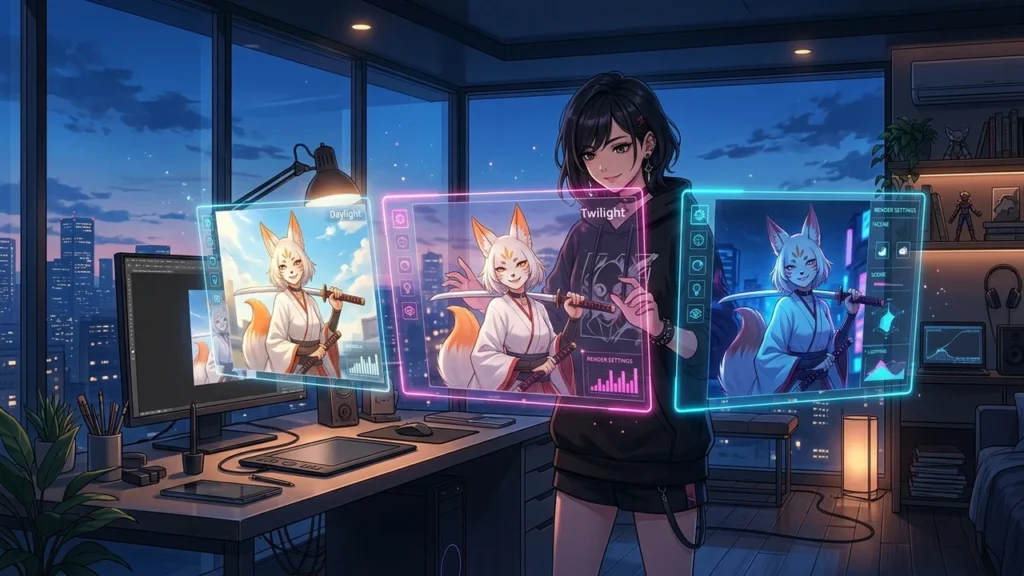 Anime character designer adjusting 3D holographic kitsune portrait across consistent lighting scenes