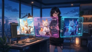 Anime character designer adjusting 3D holographic kitsune portrait across consistent lighting scenes