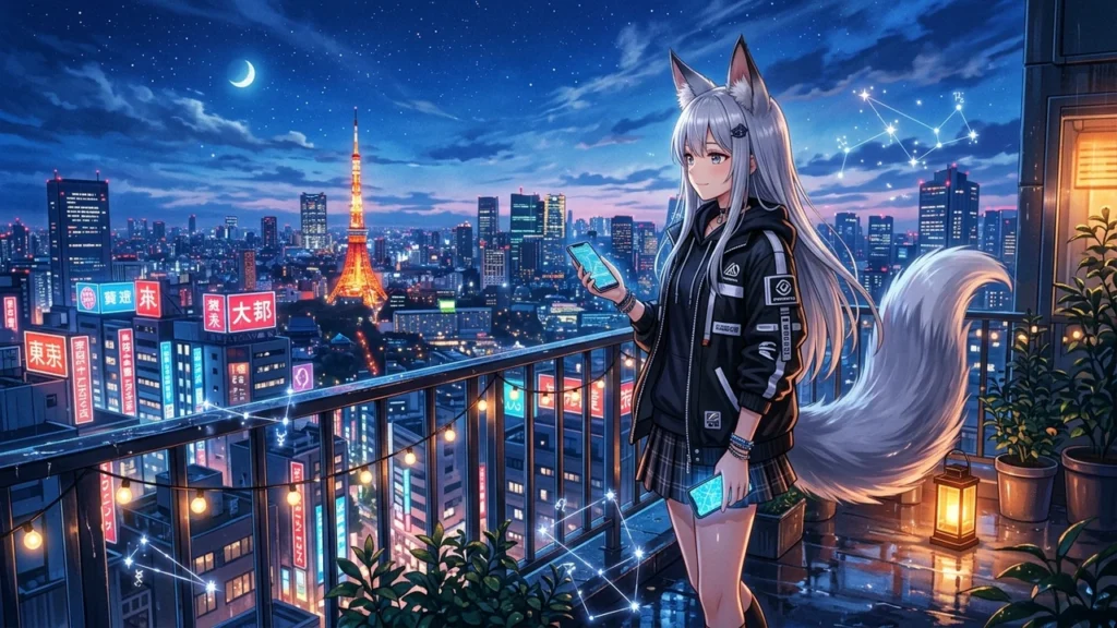 Anime kitsune heroine on Tokyo rooftop at Blue Hour with personality constellation nodes